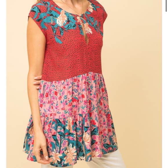 Mystree Red Turquoise Cheetah Floral Mixed Pattern Babydoll Rayon Keyhole Blouse - Picture 8 of 13